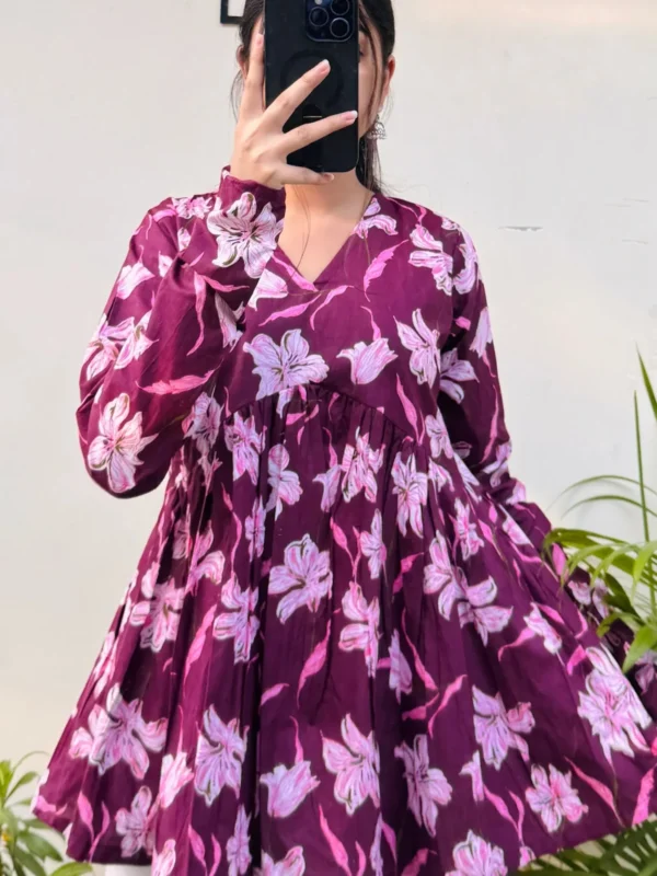 Cotton Wine Flared Printed Aliacut Peplum Top